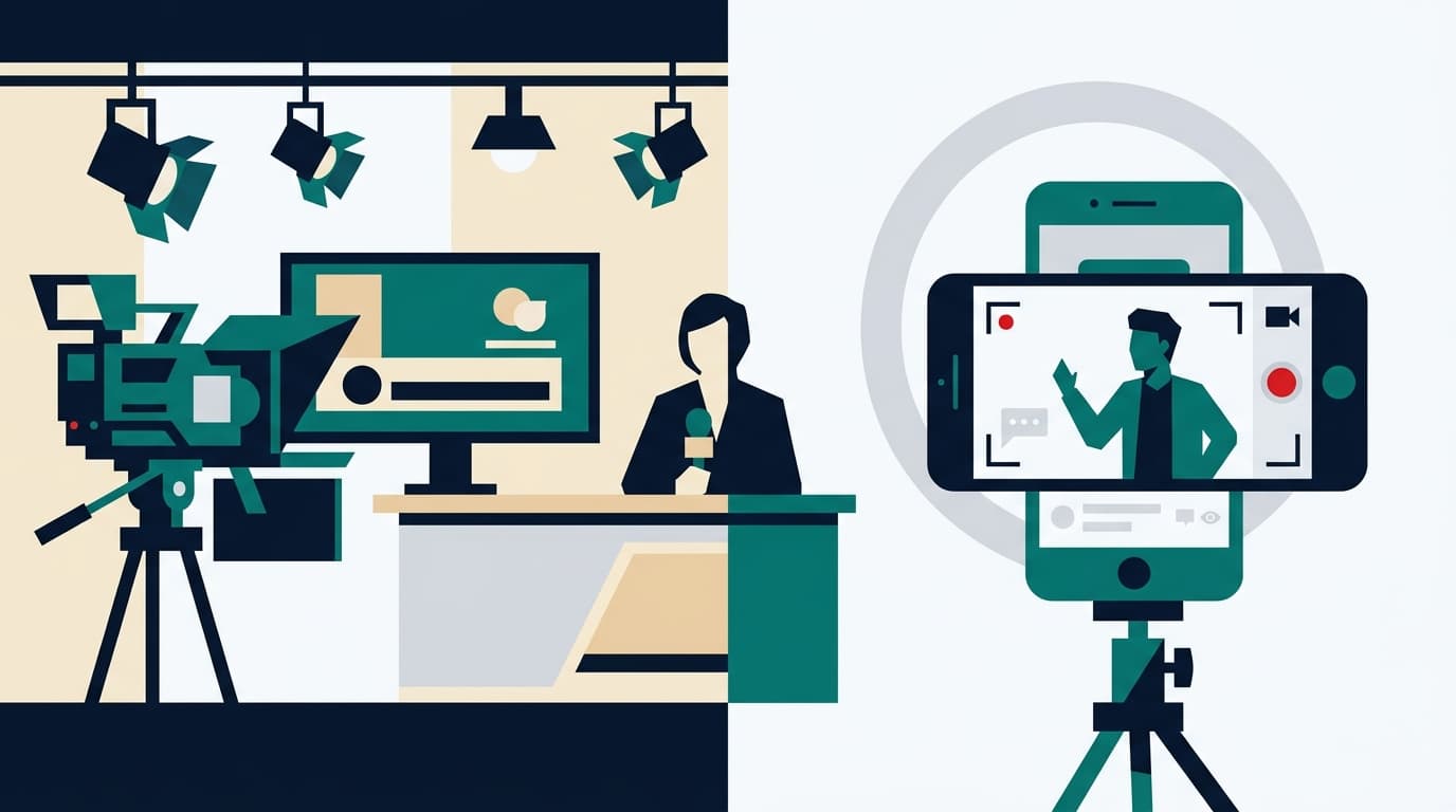 A split-screen illustration showing a traditional television studio set on one side and a smartphone showing a social media creator recording a video on the other, representing the convergence of legacy entertainment media and Singapore's digital creator economy.